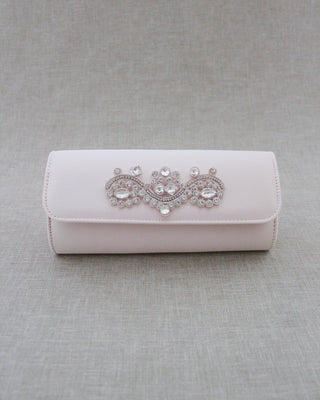 dusty pink satin bridal clutch with rhinestones applique