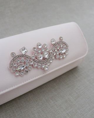 dusty pink satin wedding clutch with rhinestones applique