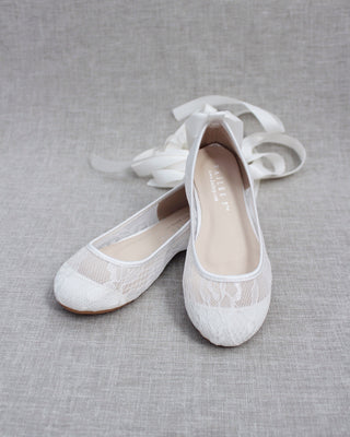 White Lace Girls Flats with Ballerina Laces