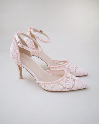 dusty pink crochet bridal shoes with pearls