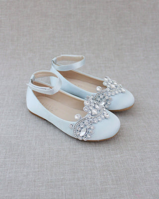 girls light blue satin flats with rhinestones applique