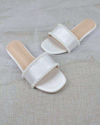 White Satin Slip on Sandals with Pearls