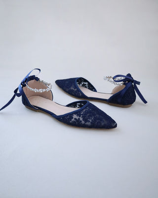 Evening Crochet Lace Pointy Toe Flats with Amaryllis Crystal StrapWomen Shoes
