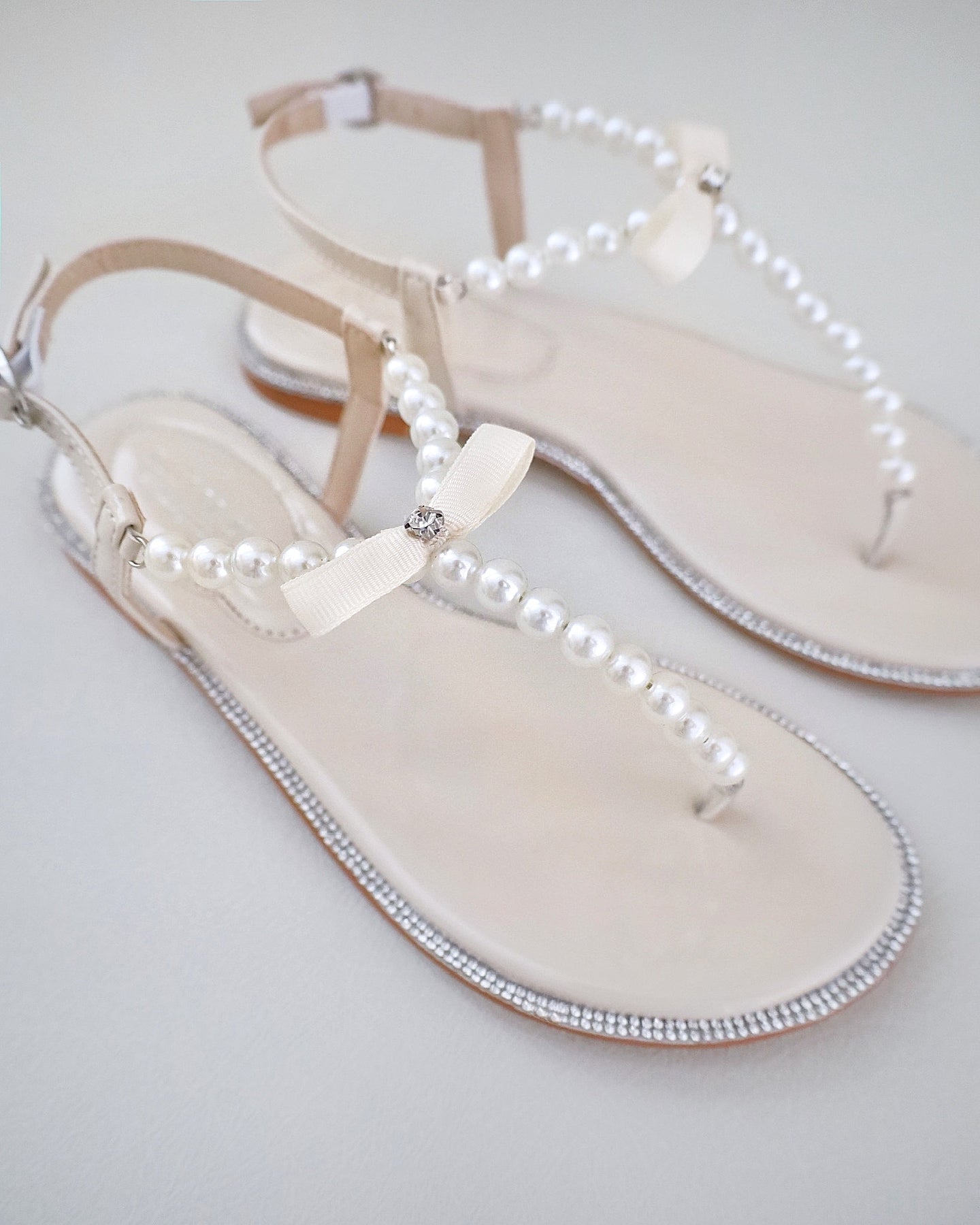 T-Strap Pearls Wedding Flat Sandals, Bridal Flats, Bridesmaids Sandals ...