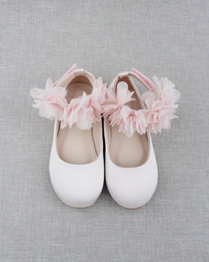 Girls Satin Flats with Chiffon Flowers Ankle Strap