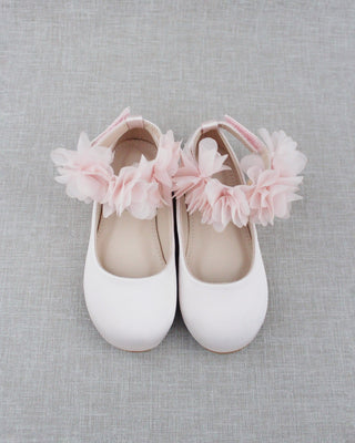 Satin Flats with Chiffon Flowers Ankle Strap