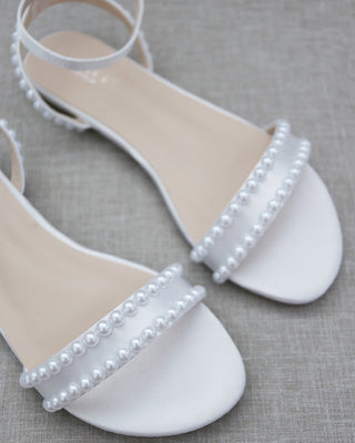 Satin Flat Sandal with Pearls and Ankle Strap