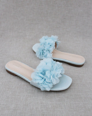 Satin Slide Wedding Sandals with Allover Chiffon Flowers