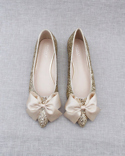 gold glitter pointy toe bridesmaids flats with bow
