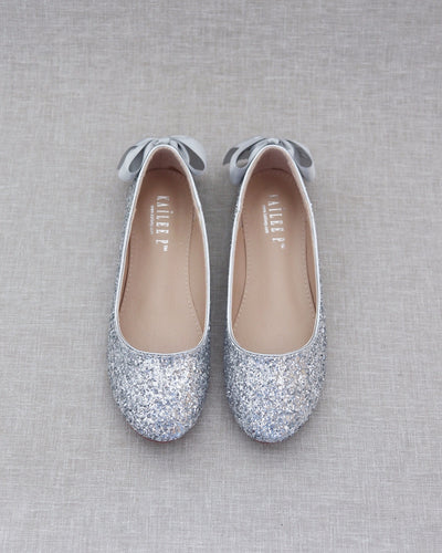 Silver Glitter Women Flats with Back Bow