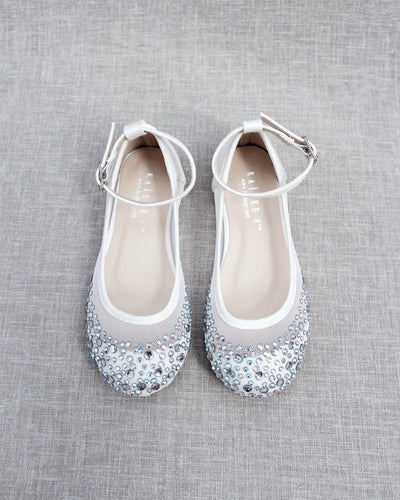 White Rhinestone Mesh Kids Flats 