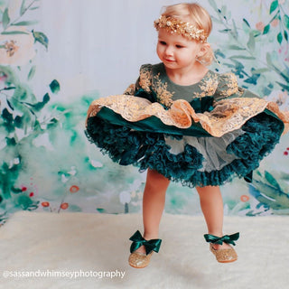 Rock Glitter Mary Jane Flats with Hunter Green Satin BowKids Shoes