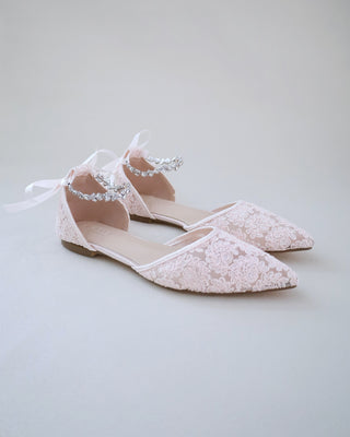 Evening Crochet Lace Pointy Toe Flats with Amaryllis Crystal StrapWomen Shoes