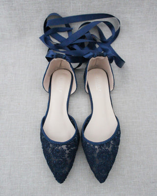 Navy Blue Lace Women Flats with Ballerina Laces