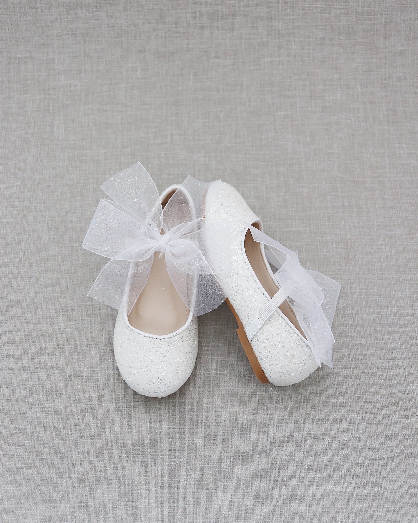 White Rock Glitter Maryjane Flats with White Chiffon Bow - Flower Girls ...