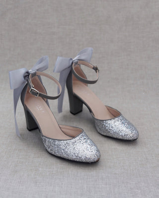 Silver Glitter Block Heels with Back Bow