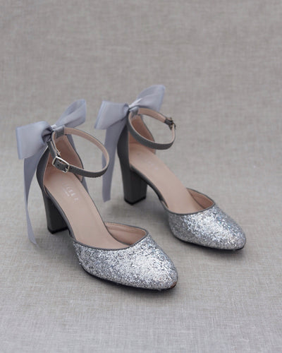 Silver Glitter Block Heels with Back Bow