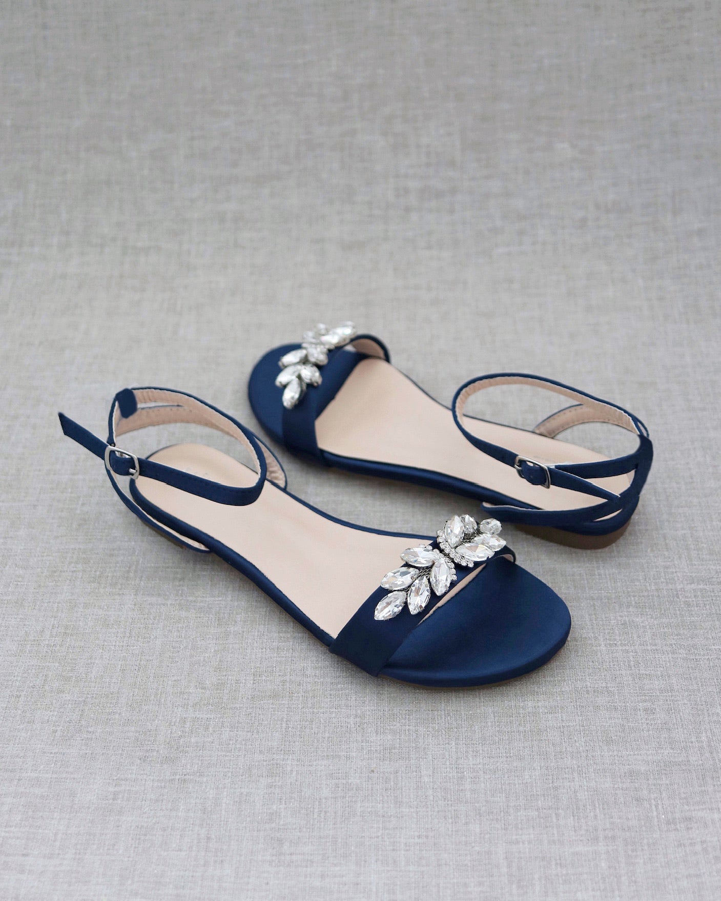 Navy Satin Flat Sandal with Butterfly Brooch Bridesmaids Sandals