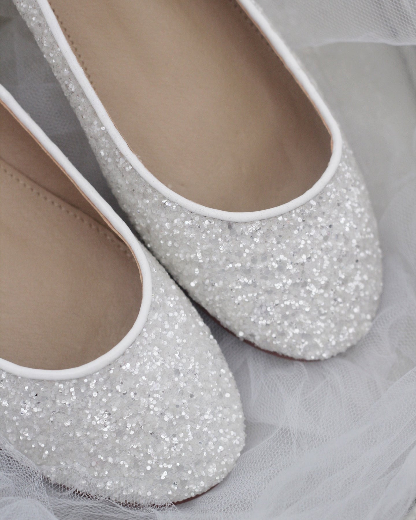 White Glitter Round Toe Flats Wedding Shoes, Bridesmaids Shoes