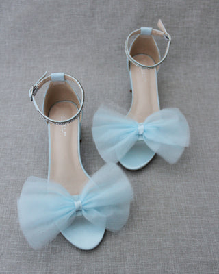 Light Blue Women Block Heel Sandals with Front Tulle Bow