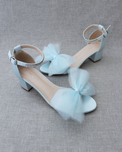 Light Blue Women Block Heel Sandals with Front Tulle Bow