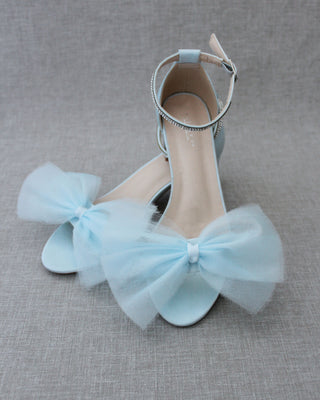 Light Blue Women Block Heel Sandals with Front Tulle Bow