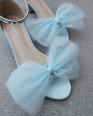 Light Blue Women Block Heel Sandals with Front Tulle Bow
