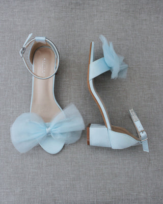 Light Blue Women Block Heel Sandals with Front Tulle Bow