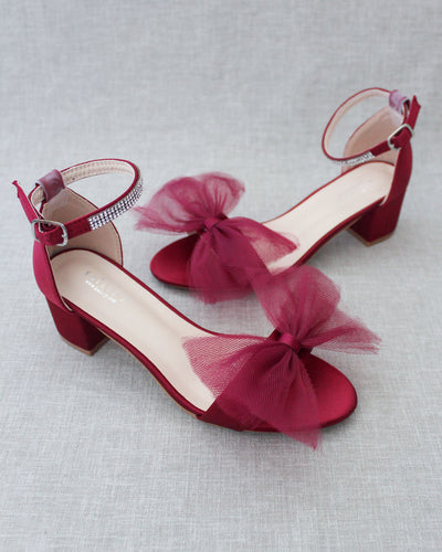 Burgundy Red Women Block Heel Sandals with Front Tulle Bow