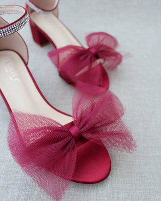 Burgundy Red Women Block Heel Sandals with Front Tulle Bow