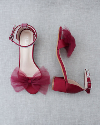 Burgundy Red Women Block Heel Sandals with Front Tulle Bow