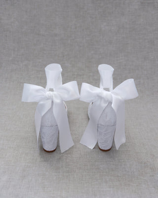 Women White Lace Heels with Ribbon Tie