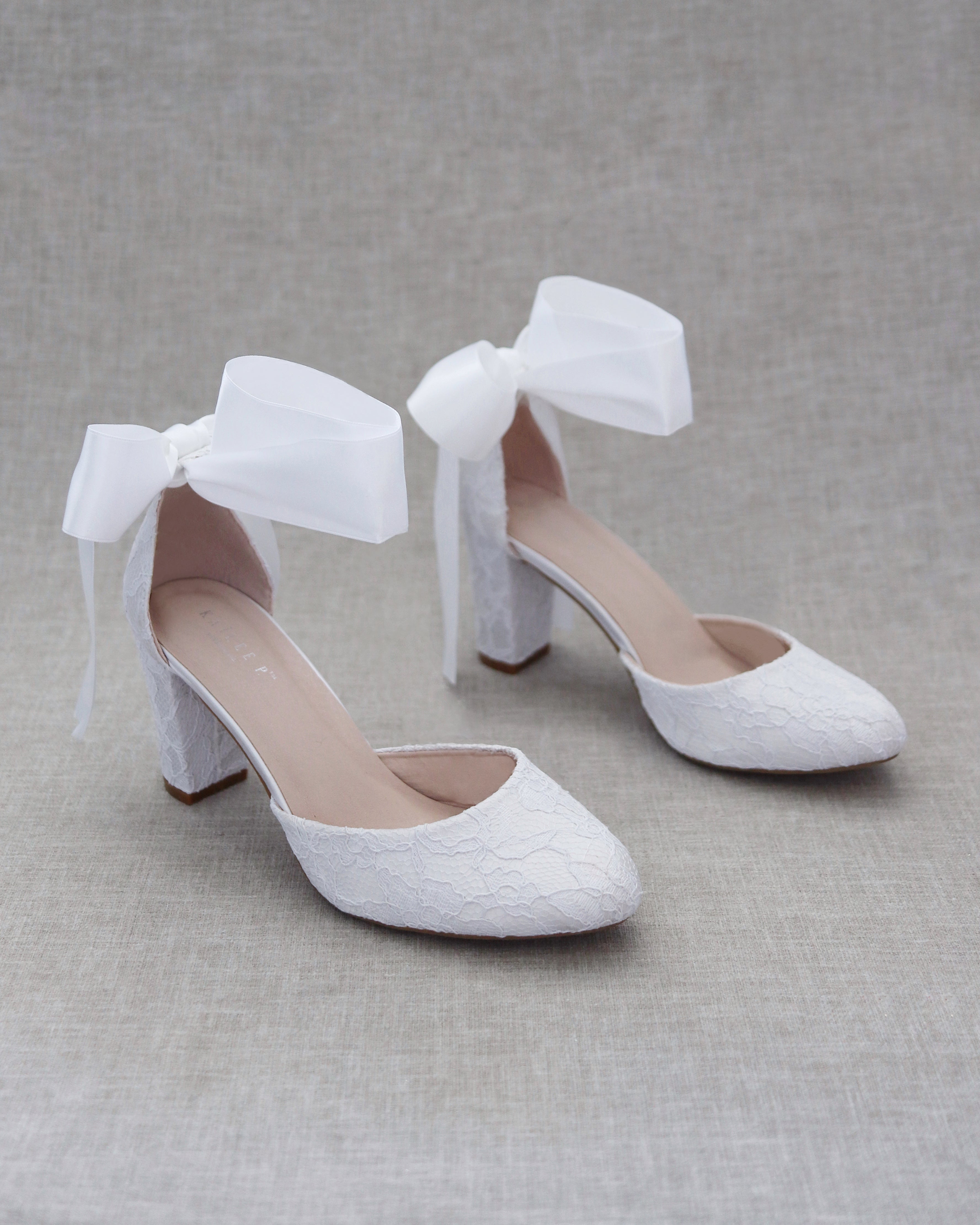 White Lace Block Heel with Wrapped Satin Tie Wedding Shoes