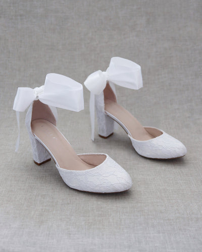 Women White Lace Heels with Ribbon Tie
