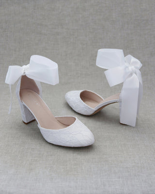 Women White Lace Heels with Ribbon Tie