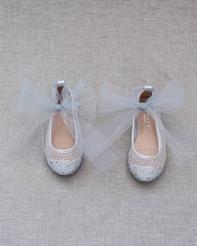 Silver Rhinestone Mesh Kids Flats with Tulle Strap