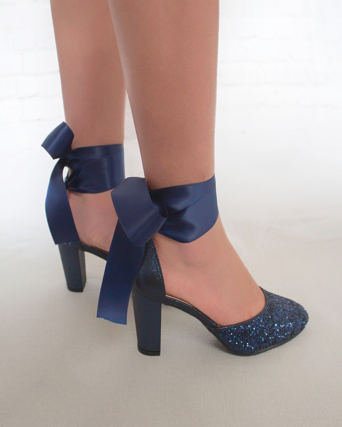 Navy Rock Glitter Block Heel with Wrapped Satin Tie, Bridal Shoes
