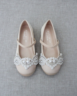 Satin Mary Jane Flats with Small Pearls Applique