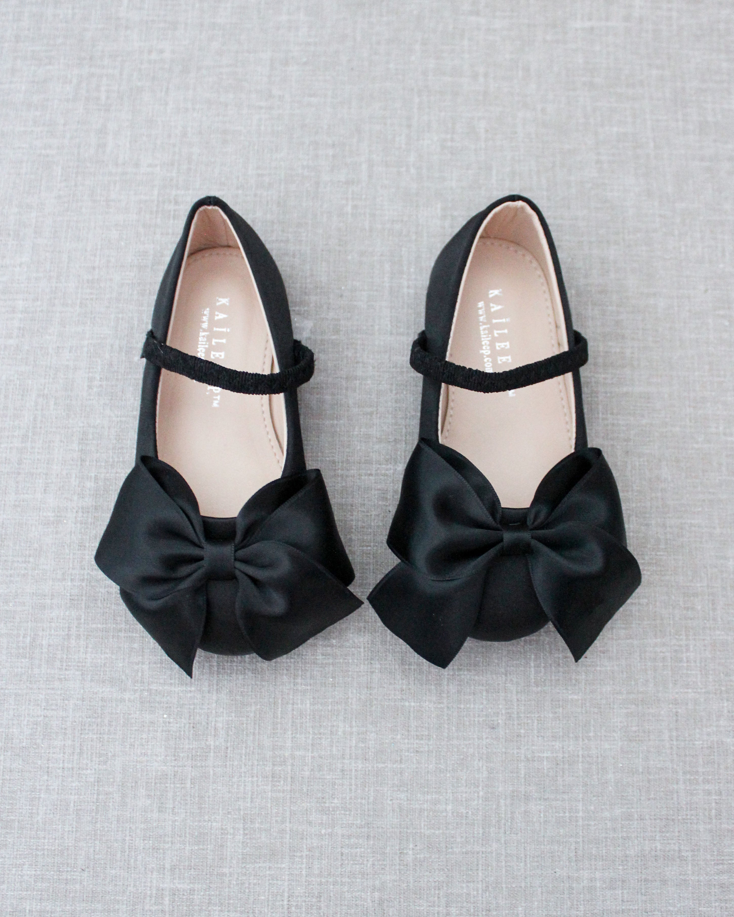 Black Satin Mary Jane Flats with Front Satin Bow, Flower Girl Shoes