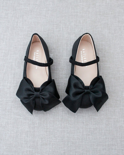 Black Mary Jane Girls Flats with Front Bow