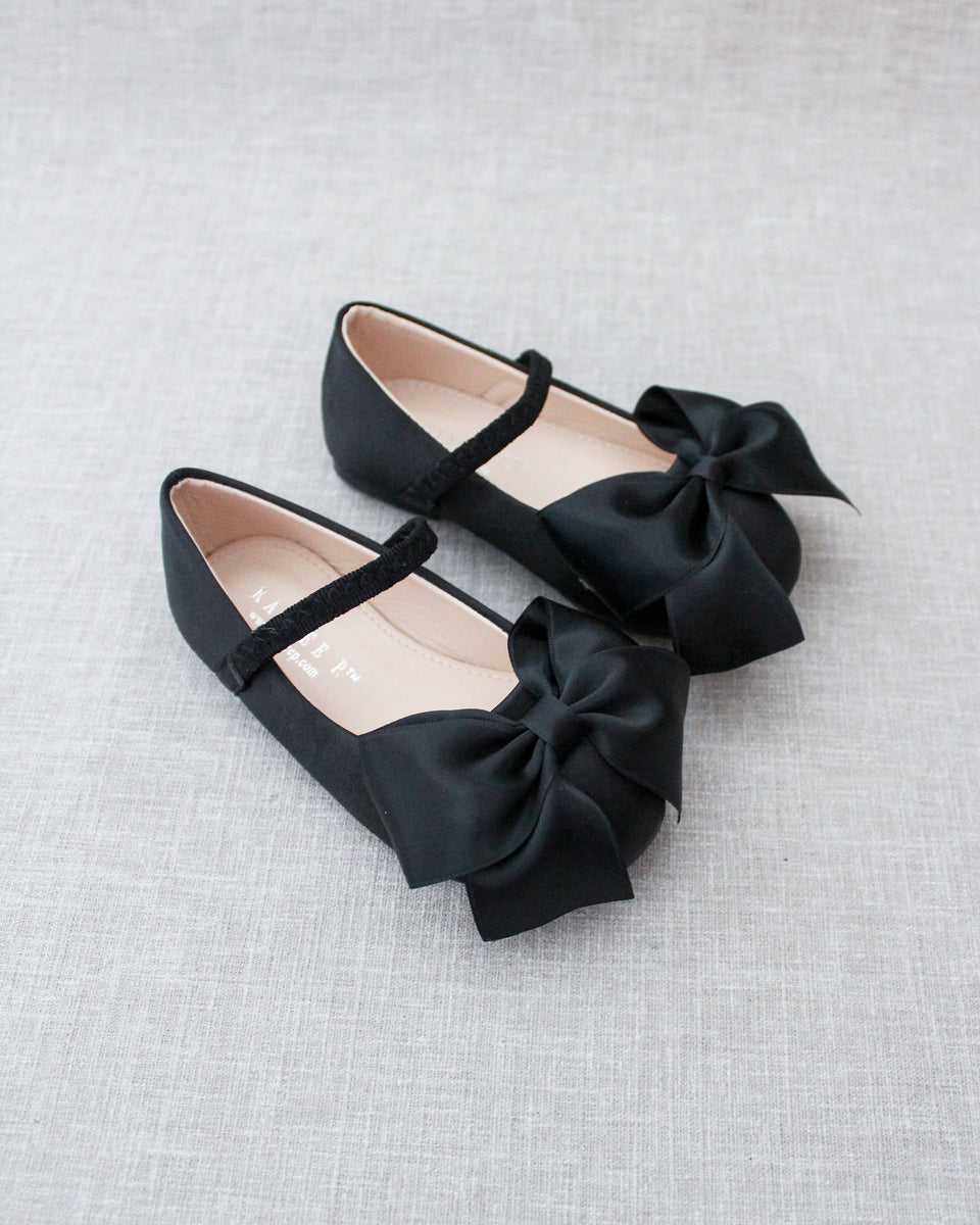 Black Satin Mary Jane Flats with Front Satin Bow - Flower Girl Shoes