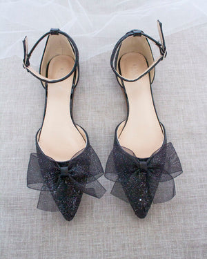 Rock Glitter Pointy Toe Flats with Ankle Strap and Organza Bow