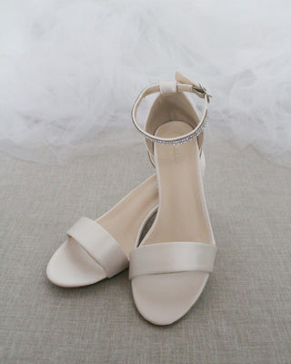 Satin Block Heel Sandals with Mini Rhinestones Embellished Ankle Strap