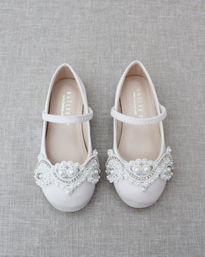 White Satin Maryjane Flats With, Bapstism Shoes, Communion Shoes 6 Walker