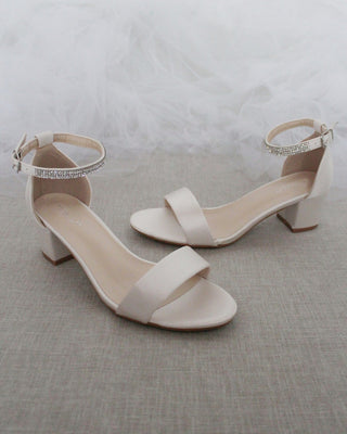Satin Block Heel Sandals with Mini Rhinestones Embellished Ankle Strap