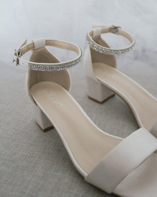 Satin Block Heel Sandals with Mini Rhinestones Embellished Ankle Strap