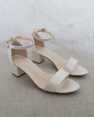 Satin Block Heel Sandals with Mini Rhinestones Embellished Ankle StrapWomen Shoes