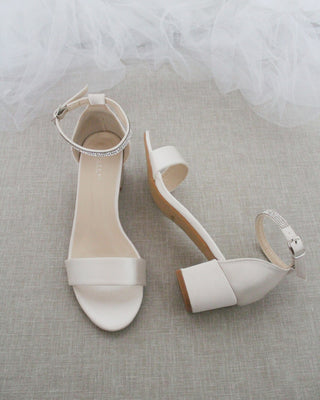 Satin Block Heel Sandals with Mini Rhinestones Embellished Ankle Strap