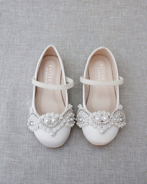 Satin Mary Jane Flats with Small Pearls Applique