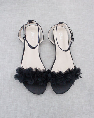 Black Satin Flat Sandal with Chiffon Flowers and Ankle StrapWomen Shoes